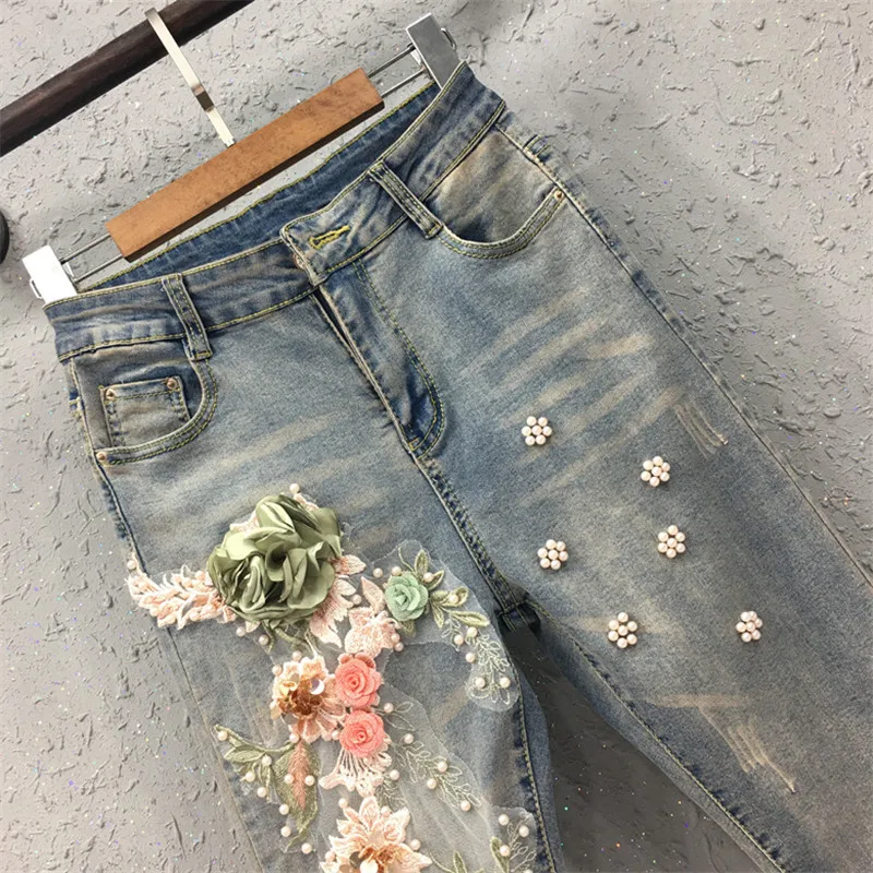 Винтажные джинсы с вышивкой из бисера, женские модные рваные джинсы с высокой талией, узкие брюки, женские потертые джинсы C5422