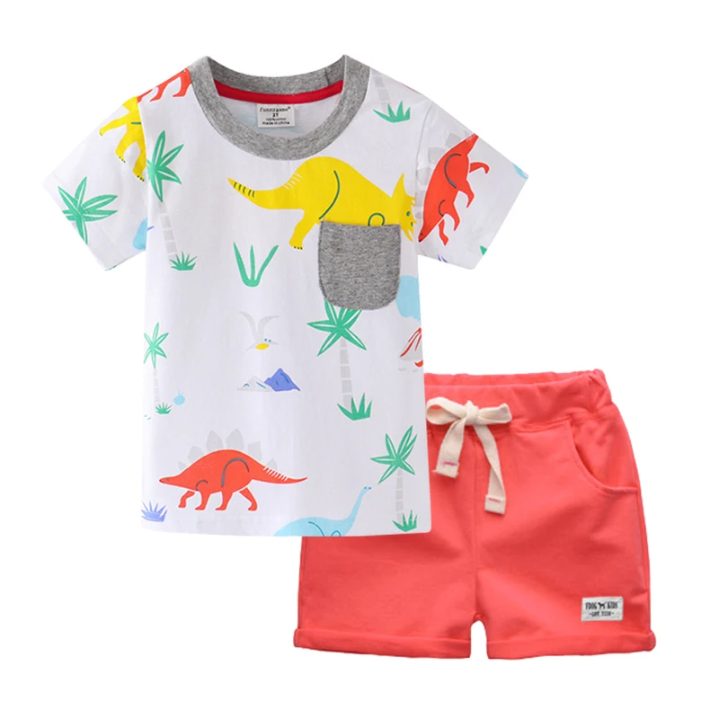 BINIDUCKLING/ г. Летняя модная детская одежда для маленьких мальчиков футболка+ шорты с круглым вырезом и рисунком динозавра, хлопковые комплекты одежды для детей