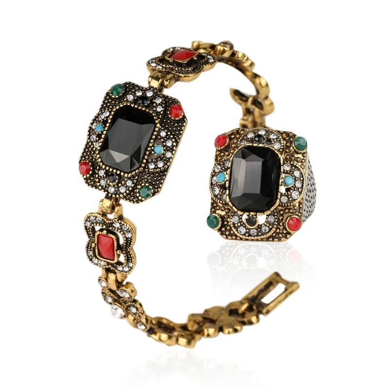 

Noble 2015 Turkey Jewelry Mixed Colorful Stone Tibetan Alloy Crystal Bracelet Womens Jewellery Gold Sets Free Shipping
