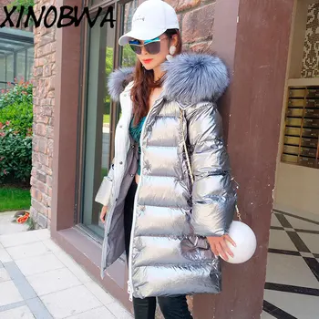 

Deri Ceket Women Winter High Fashion Big Real Raccoon Fur Thick Warm Silver Down Jackets Parkas Female Loose Waterproof Coats