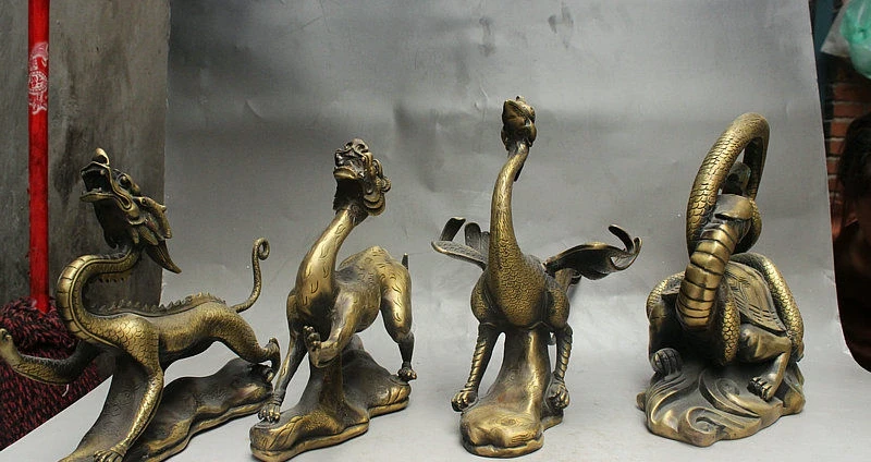 

12" Folk China FengShui Bronze 4 Myth Animals Blue Dragon White Tiger Statue Set