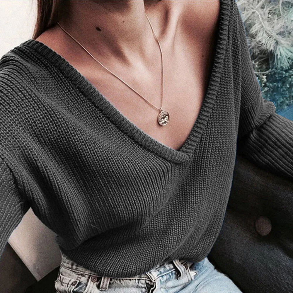 

2019 Women sweater women sexy low v neck Casual Deep sexy Knitted Sweater Jumper Tops Long Sleeve Pullover Casual sweater casaco