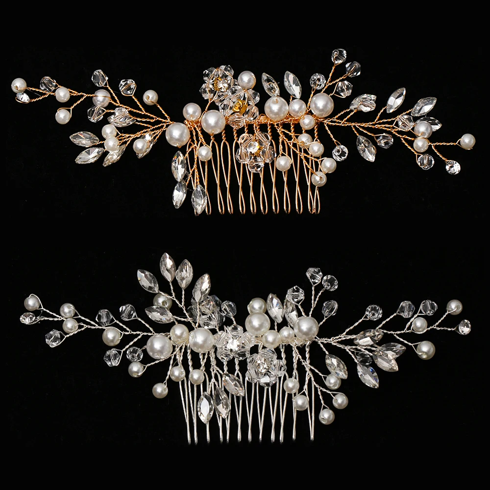 

1Pcs Rhinestone Flower Leaf Bridal Hair Comb For Girls Crystal Hair Ornaments Jewelry Simulated Pearls Wedding Hair Accessories