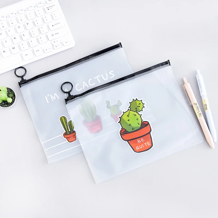 

Cactus Pattern File Folder Translucent Document Bag Paper Holder Pen Pencil Storage Bag Ring Handle Stationery Office Supplies