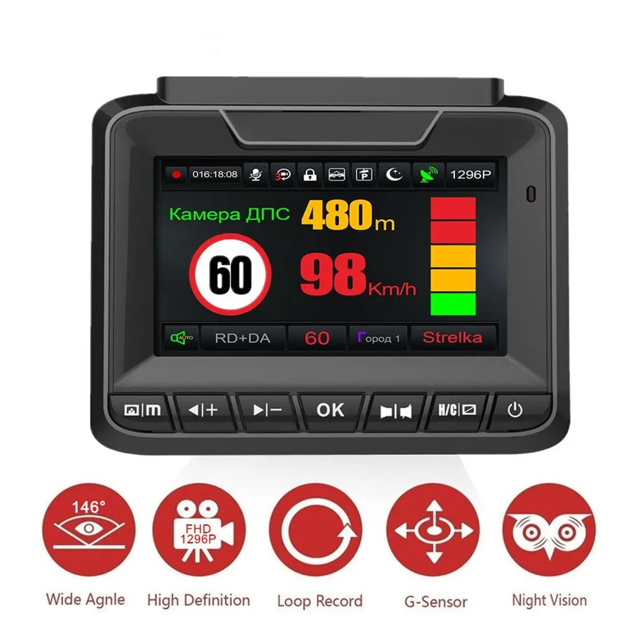 

3 in 1 Car Radar Detector Anti Radar GPS Tracker DVR 1296P Video Recorder Dual Lens Rear Camera for Russia