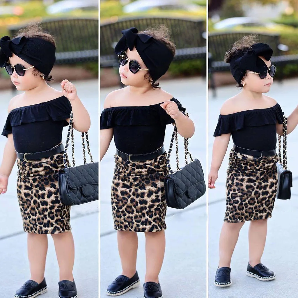 

Toddler Kids Baby Girl Off Should T shirt Tops+Leopard Print Skirt Clothes Set kinder kleider junge fortnight costume