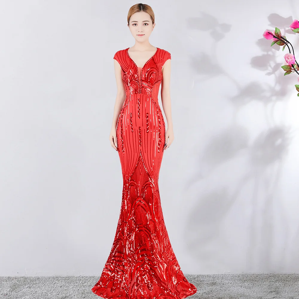 

Corzzet Sexy Red Brocade sequins V-Neck Banquet Slim Evening Party Dress Elegant Night Club Fishtail Long Dresses Vestidos Women