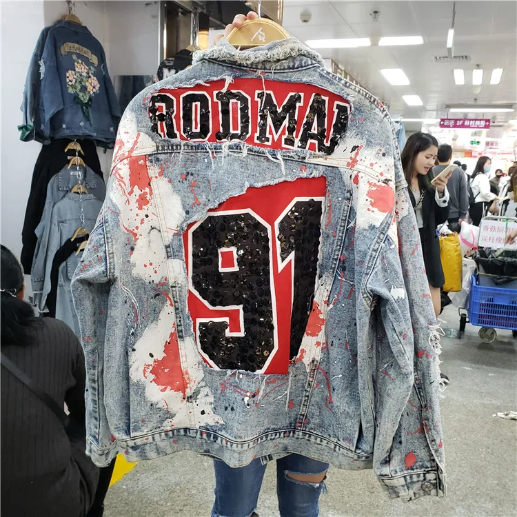 

Spring Harajuku Graffiti Print Sequins Denim Jacket Women's Loose Jackets Spring Fall Street Wear Fashion Student Basic Coats