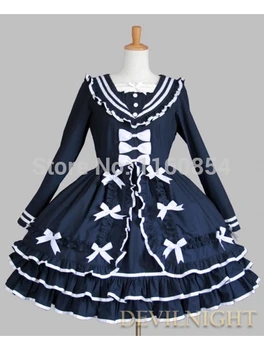

Blue Cotton Long Sleeves Bow Sweet Lolita Dress