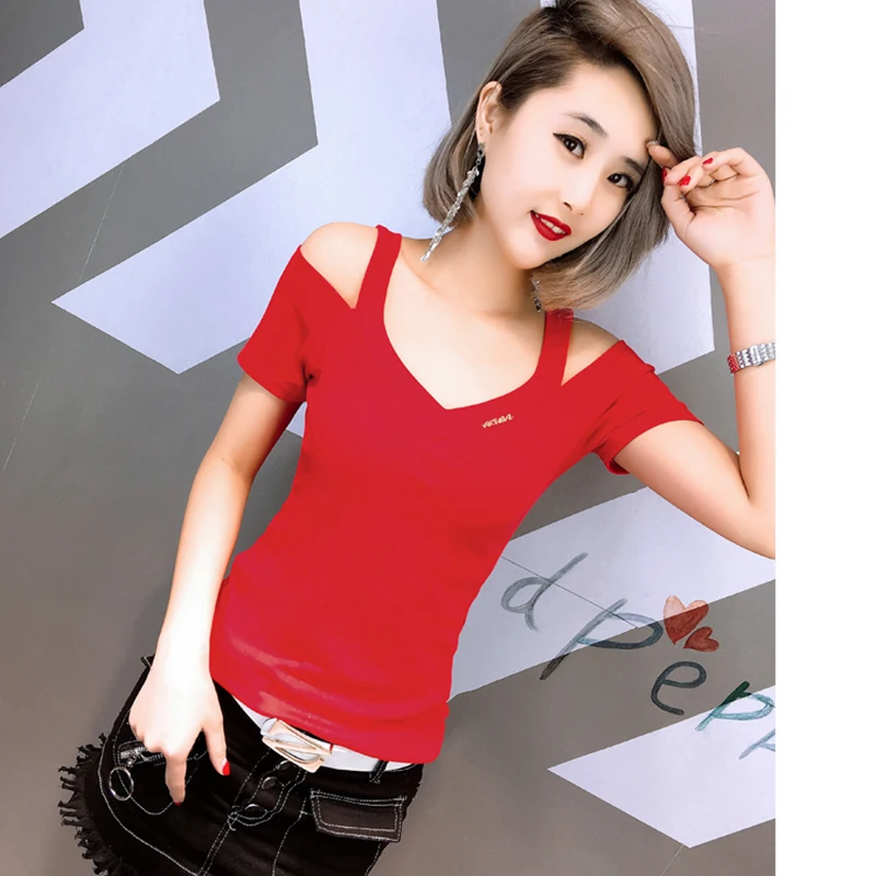Parte superior del hombro verano Tops para las mujeres 2018 v-cuello mujeres Corea ropa mujer camiseta mujer Parte superior del hombro verano Tops para las mujeres 2018 v-cuello mujeres Corea ropa mujer camiseta mujer