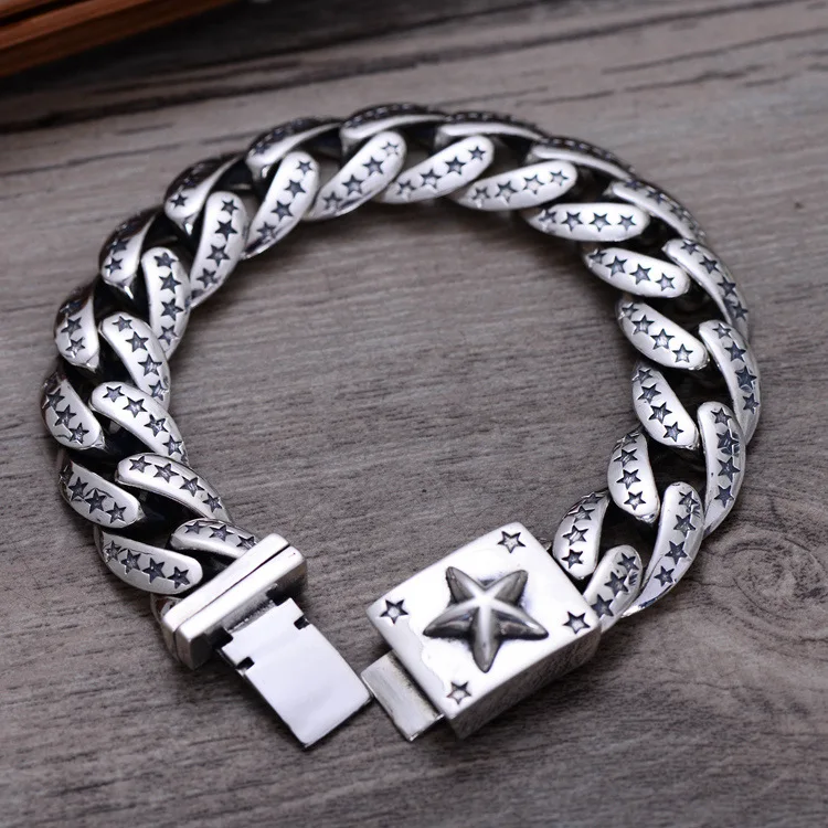 

Men's Punk Pentagram Bracelet with Small Stars Solid 925 Sterling Silver Bracelet for Male Biker Vintage Jewelry 20cm