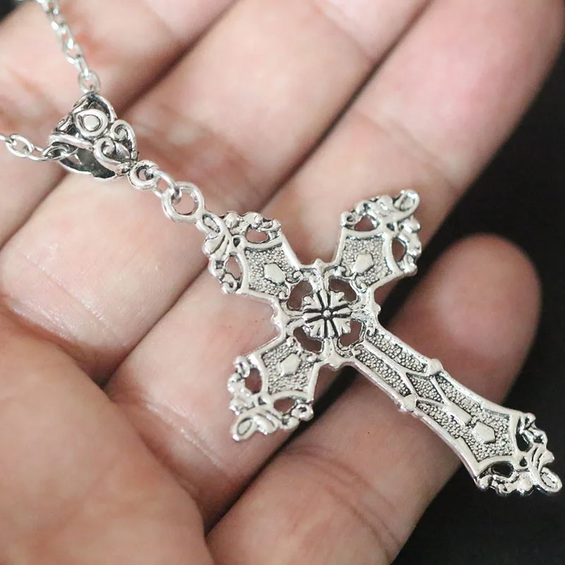 

Vintage Ancient Silver Cross Pendant 24" Chain Necklace - Gothic Charms ~Religious Gift Women Christmas Gifts Bijoux Jewelry