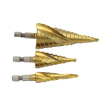 

3 Pcs Metric Spiral Flute Pagoda Shape Hole Cutter 4-12/20/32mm HSS Steel Cone Drill Bit Set Spiral Groove Step Sharpening Tool