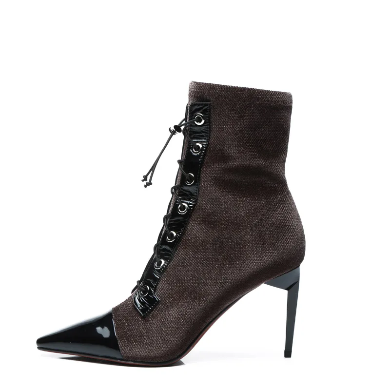 

2018 Newest Pointed Toe Ankle Bootie Sexy Patch Work Lace Up High Heel Pumps