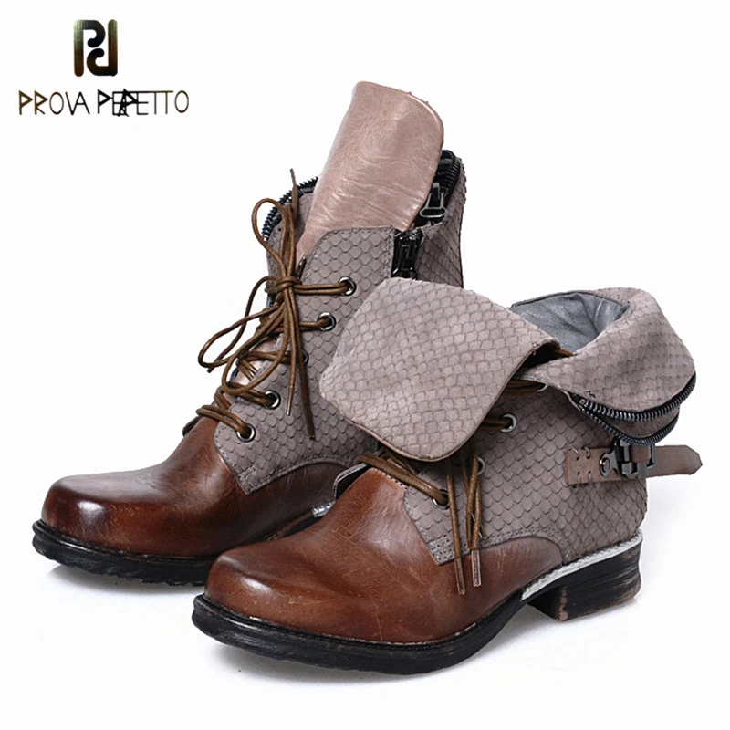 Prova Perfetto Classics Retro Boots Two Kinds Of Wear Do Old Cow Leather Martin Women Shoes Polka Dot Zip Side Motorcycle Boots