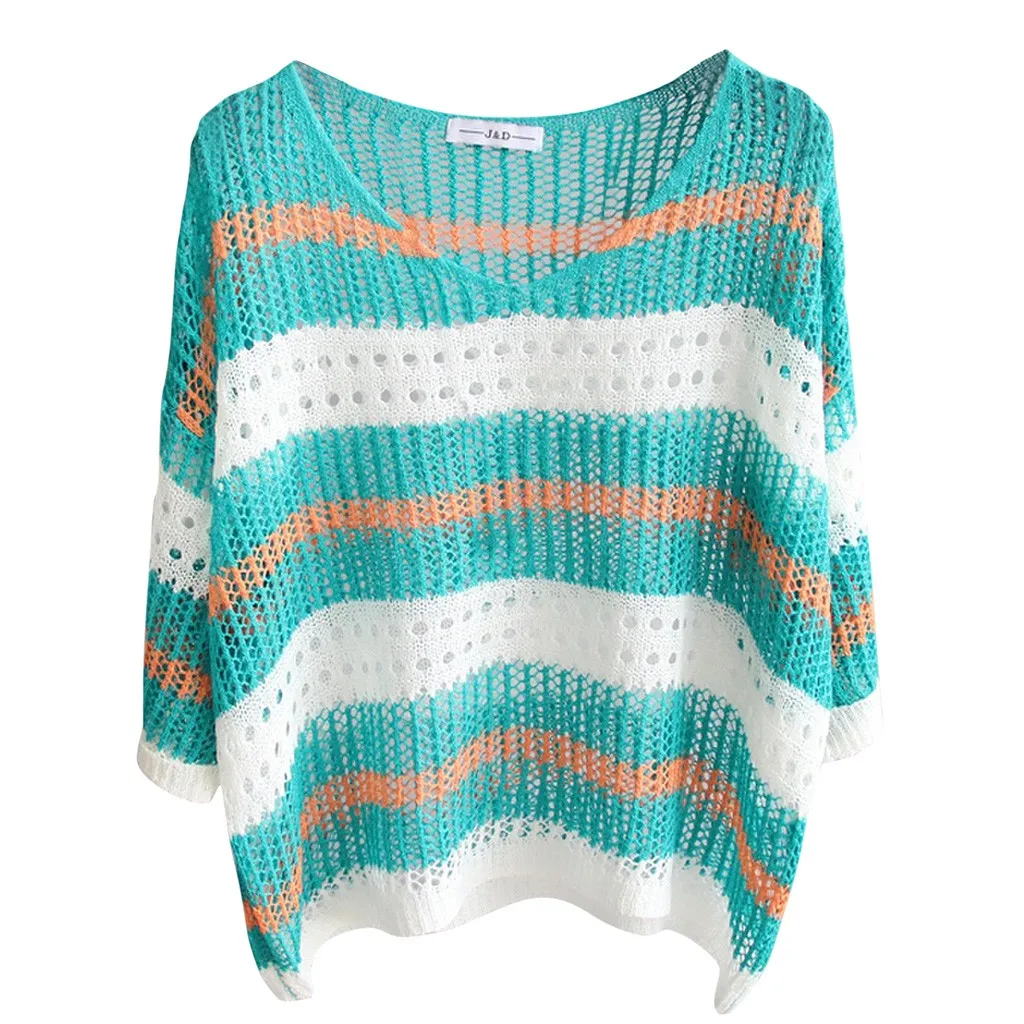 

FREE OSTRICH Women T Shirts Knitted Sunscreen V-Neck Striped Knitted Loose Trend Elegant Noble Vogue Summer T-Shirt For Women