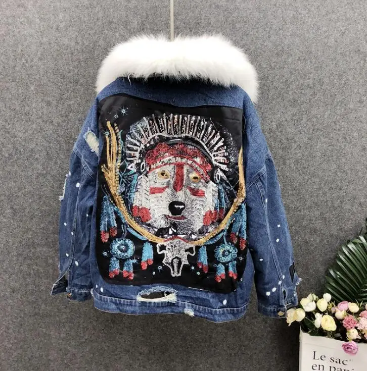 

Heavy work sequins denim jacket female winter thick short paragraph loose really fur collar detachable plush liner cotton tide