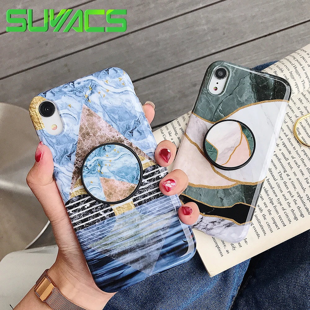 

SUYACS Art Geometric Case For iPhone XS Max XR XS Flexible Stand Holder Cover For iPhone 6 7 8 Soft Protector Phone Back Cover