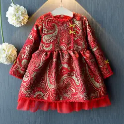 Китайское традиционное красное платье принцессы, Новое поступление, детское жаккардовое платье, винтажные весенне-зимние новогодние