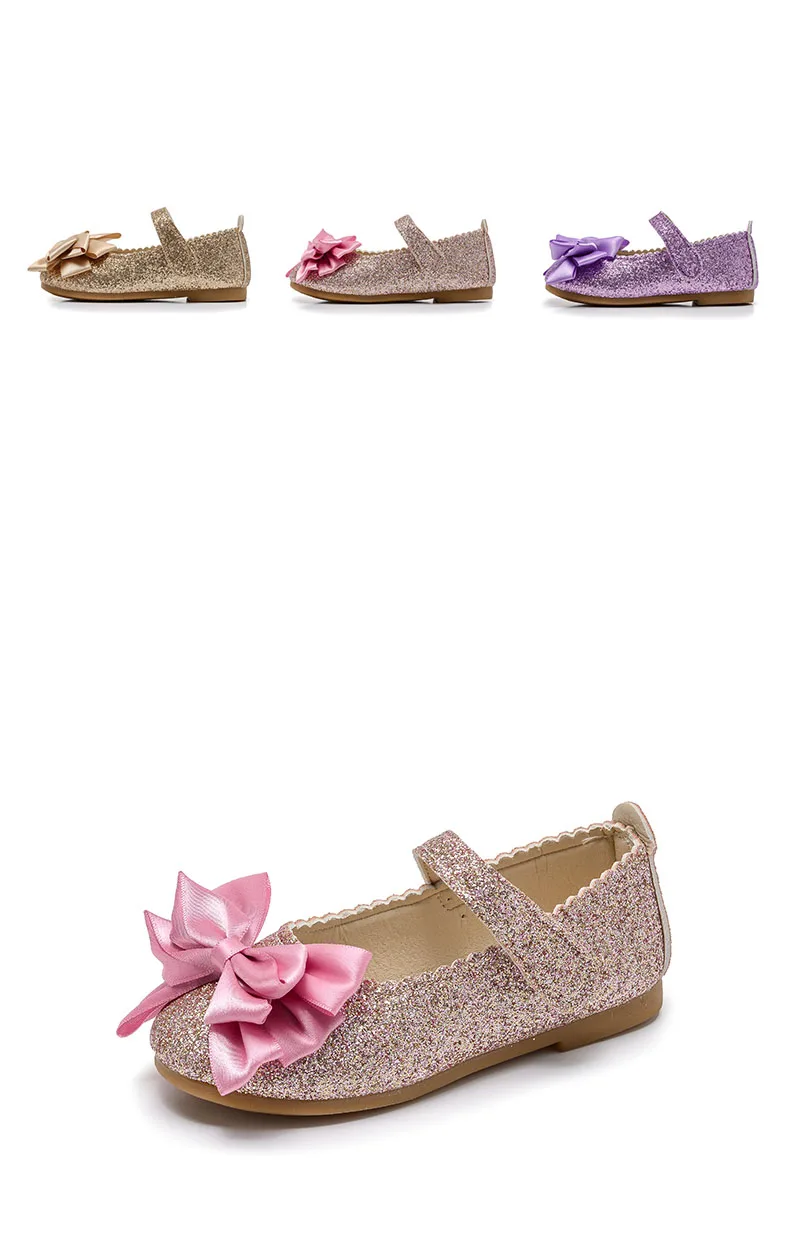 Новые Вечерние и свадебные туфли с цветочным узором для маленьких девочек, украшенные блестками и бантом; школьные туфли для девочек; цвет золотой