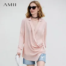 Amii Минималистичная Женская Осенняя блузка, шикарная Офисная Женская Асимметричная блузка с v-образным вырезом, женские блузки, рубашки
