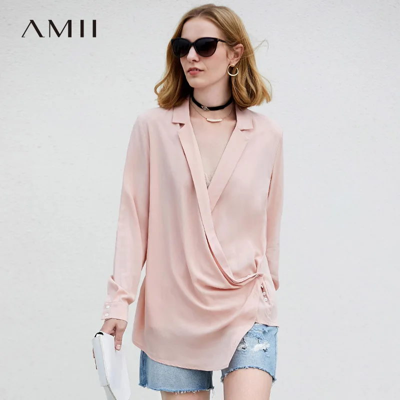 

Amii Minimalist Women 2019 Autumn Blouse Chic Office Lady V Neck Asymmetric Female Blouses Shirts