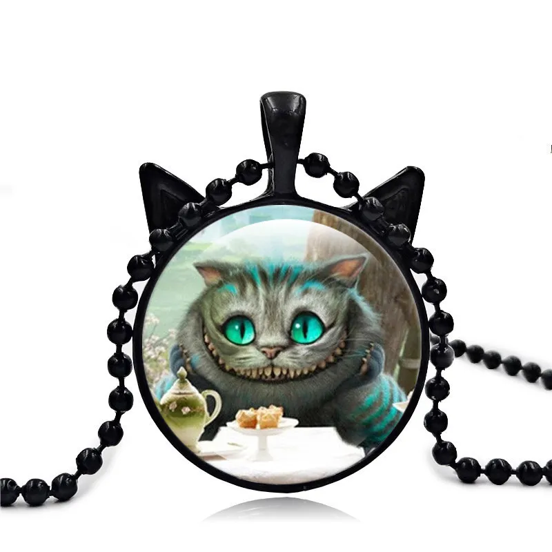 

Cheshire Cat Time Precious Stone Necklace Pendant Alice's Adventures in Wonderland Cat Ear Glass Charm Gift For Women Jewelry