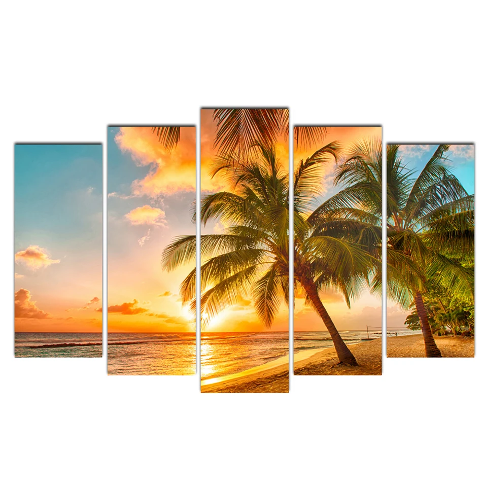 

HD Printed 5 Piece Canvas Art Palm Tree&Beach Sunset Painting Modular Wall Pictures for Living Room Poster Free Shipping Abooly