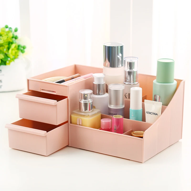 

Multifuction Desktop Storage Drawer Box Plastic Dresser Table Storage Organizer Girls Cosmetic Make up Box Case Blue Pink Color