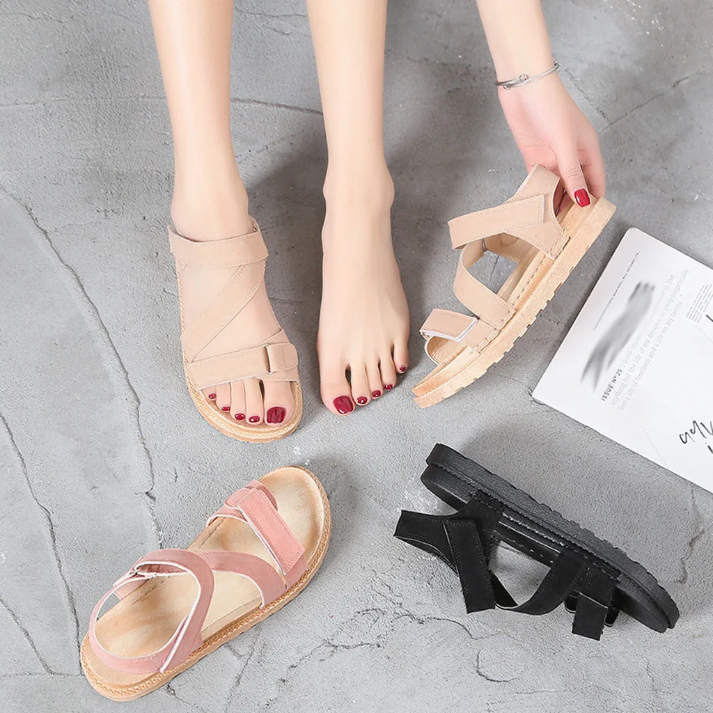 

Women's Solid color suede Flat With Open Toe low-Top Sandals thick sole flat with sponge Muffin Bottom Large Size Roman Shoes