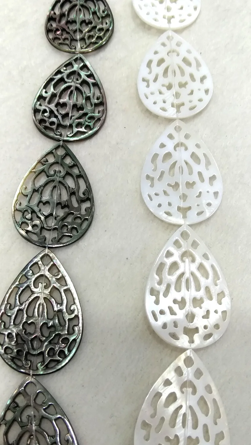 

Full strand 16" 12pcs Grey Black Mother of Pearl Drop teardrop slab Filigree Pendant Hand Carved Sea Shell Beads