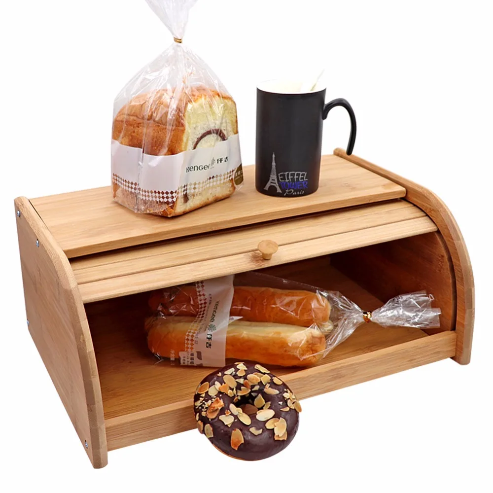 

Bamboo dustproof bread snack food storage box solid wood storage box kitchen glove box storage With Sliding Door Storage Boxes