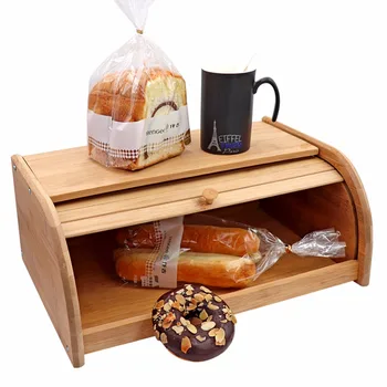 

Dustproof bread snack food storage Bamboo box solid wood storage box kitchen glove box storage With Sliding Door Storage Boxes