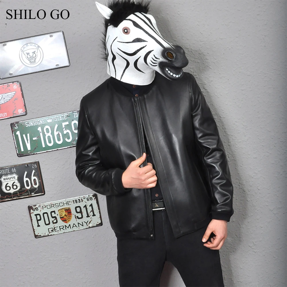 SHILO GO Leather Jacket mens Spring Fashion sheepskin genuine leather coat O Neck Casual loose zipper Baseball jacket