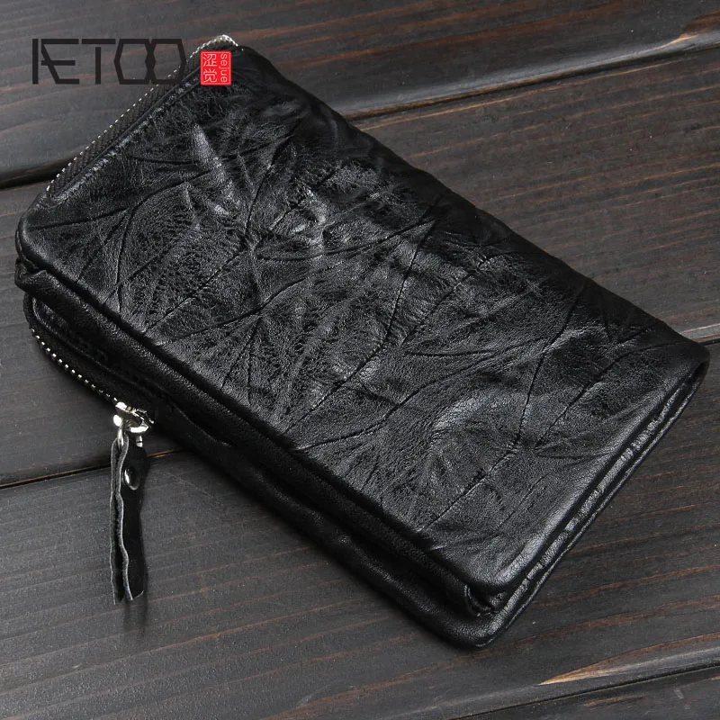 

AETOO Handmade men's wallet leather short paragraph vertical section men's first layer of cowhide retro folds driver's license