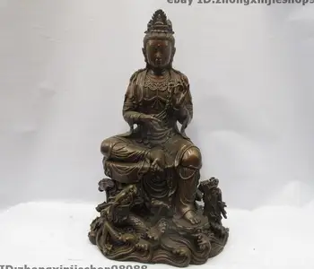 

15 Tibet Buddhism 100% Bronze Copper Two Dragon Kwan-yin Boddhisattva Statue