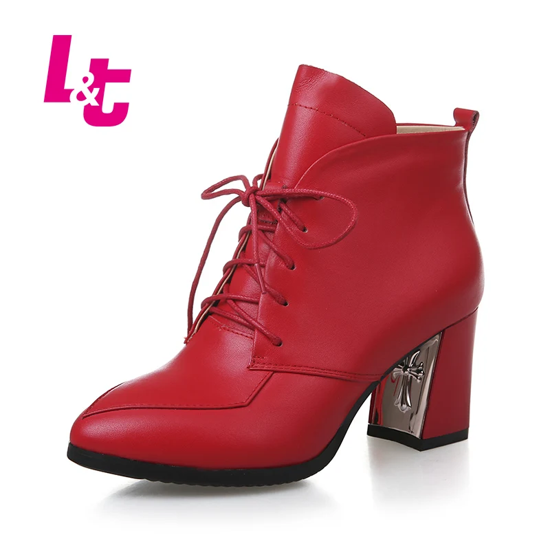 L T Ankle boots women genuine leather rubber hoof high heels martins motorcycle boots lace up