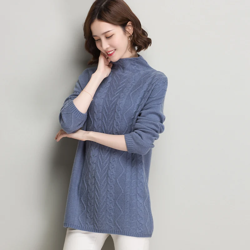 ^Cheap 2XL 100%Wool Brand Sweater Fall Winter Women Sweater New Solid Color Wave Pattern Thicken Knit Sweater Loose Bottoming Pullovers