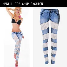 HANLU Fashion Women Bleached Jeans Pants Russia Sexylady Hollow out Lace Patchork Skinny Jeans Hot women Low waist Pants Jeans