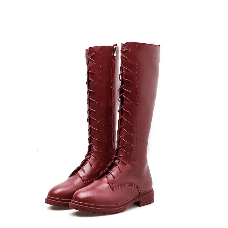 

2018 new knight boots cross straps round head PU leather high boots foreign trade women's boots wine red 0110