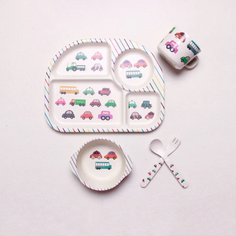 Baby Bamboo Fiber Tableware 5 PcsSet Children Dinner Cartoon Plate Bowl Fork Spoon Cup Feeding Set Supplier Food Dishes BB5090 (2)