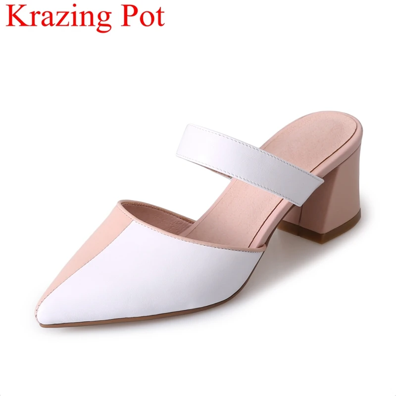 

2018 superstar genuine leather mixed colors high heels women sandals shallow pointed toe office lady elegant summer shoes L52