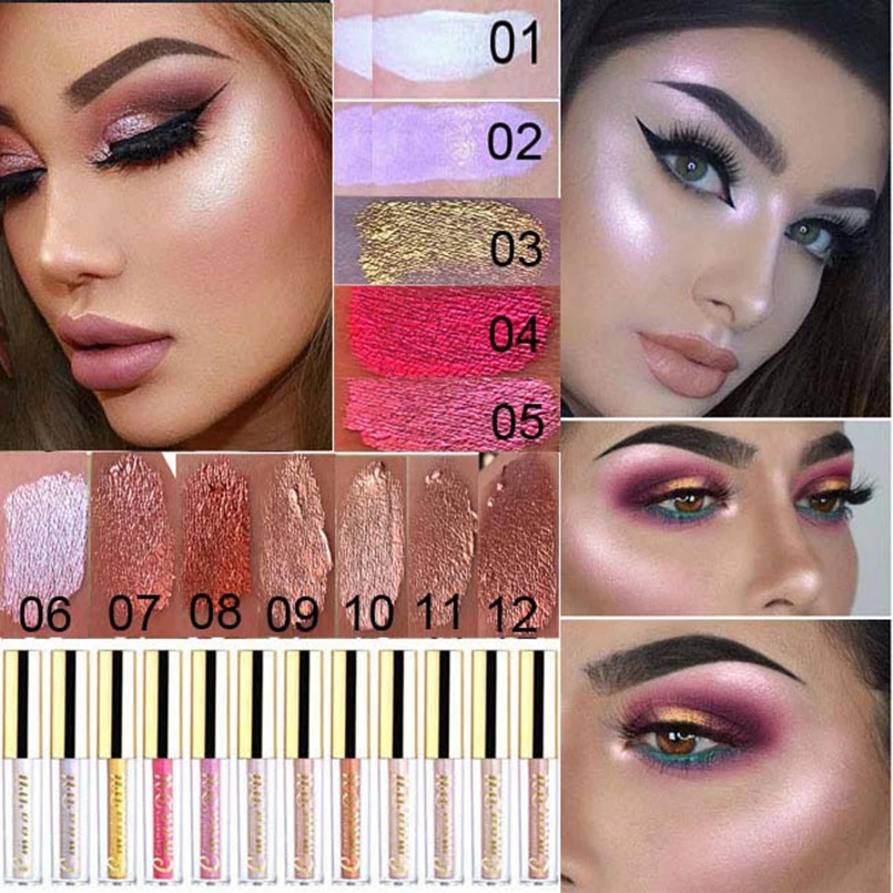 

12 Colors Waterproof Glitter Shimmer Liquid Eyeliner Make Up Long Lasting Multi-functional Highlighter Liquid Eye Liner Makeup