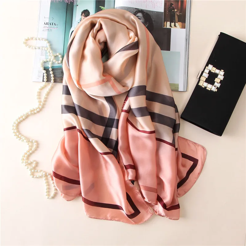 

Pink Plaid Scarf Women Spring Summer Female Scarves Hijab Beach Shawl Wrap Soft Satin Silk Feeling 180*90cm