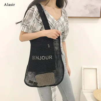 

Alasir Letter Printed Mesh Handbag Female Inner Canvas Casual Bag Shopping Bag Mesh Hollow Out Beach Bag Shoulder Bag