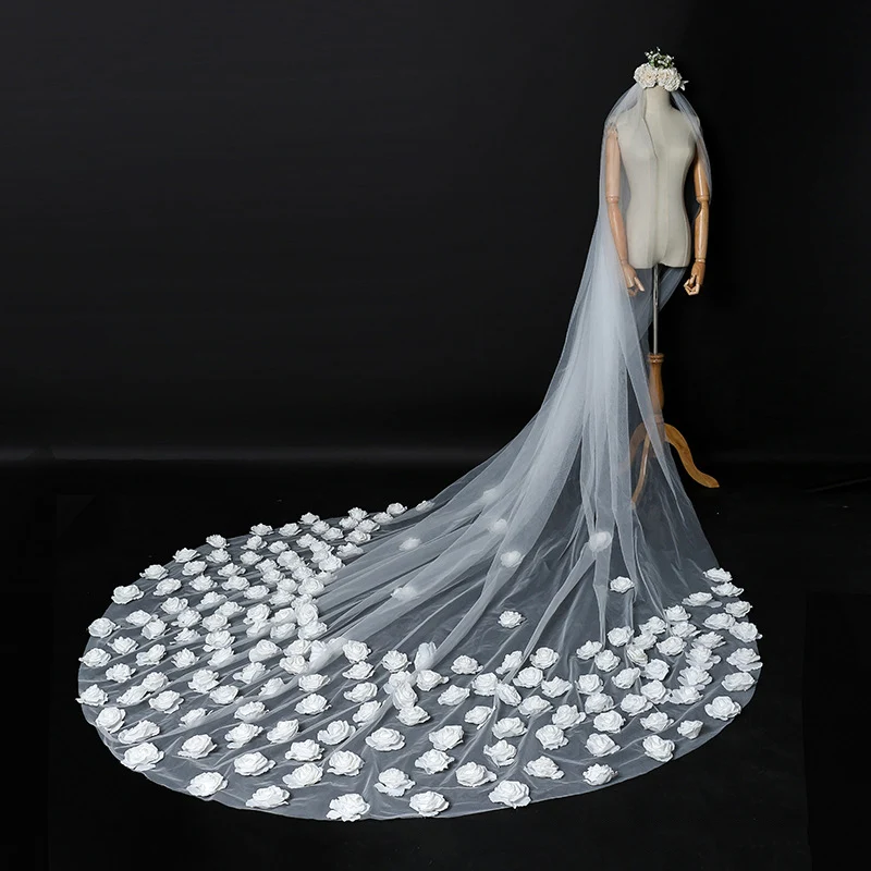 

Handmade Three-dimensional Flower Big Tail Inserted Comb White Veil Photo Bride Veils Long Wedding Long Veil Cathedrals