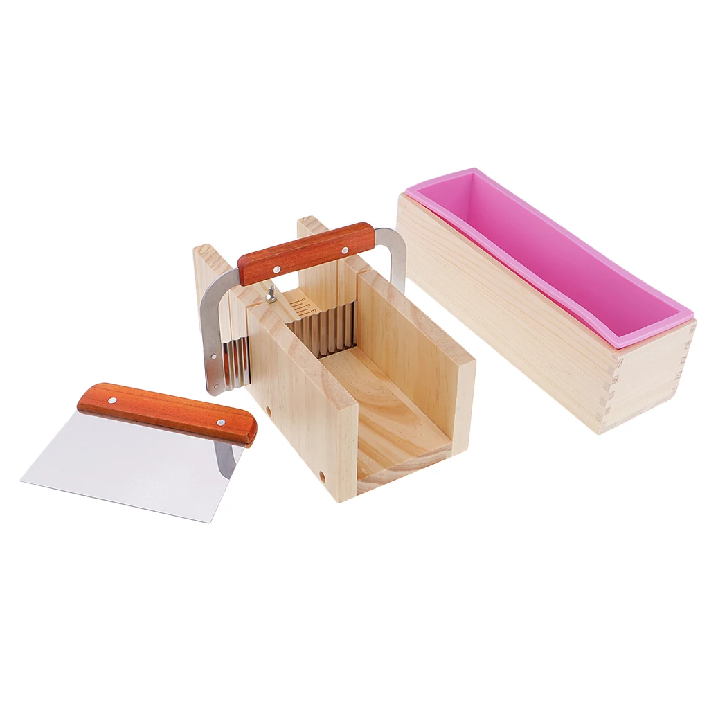 Soap Making Tool Kit Clear 1kg Melt and Pour Soap Base + Silicone Mold Adjustable Wooden Loaf Cutter Box Soap Loaf Cutter Slicer