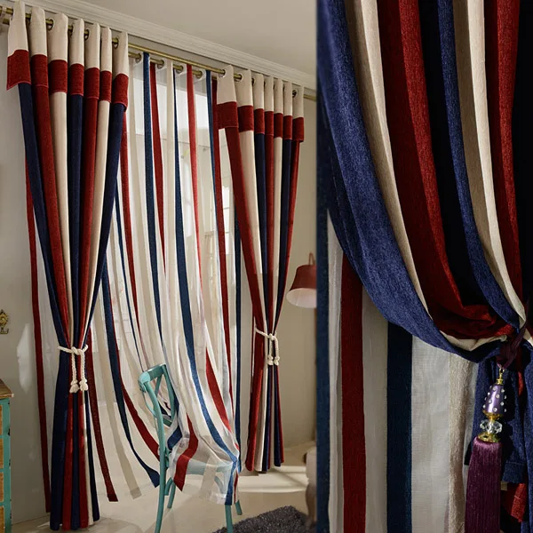 Most Thick Blackout Red Blue stripe patchwork curtains study Room Curtain Classic living rooms