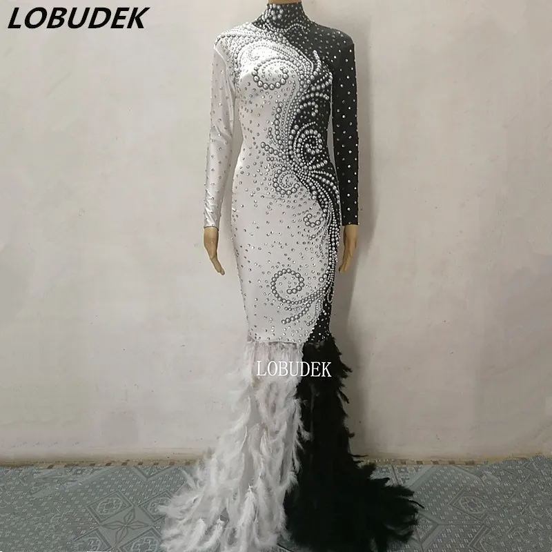 

Female Black White Feathers Long Dress Sparkly Pearls Rhinestones Trailing Dress Prom Party Costume Singer Star Performance Wear