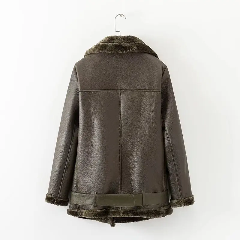 Fitaylor Hiver Faux Agneau Veste En Cuir Femmes Faux Cuir Agneaux Laine Col De Fourrure Veste En Daim Manteaux Femme Chaud Épais Survêtement - 2